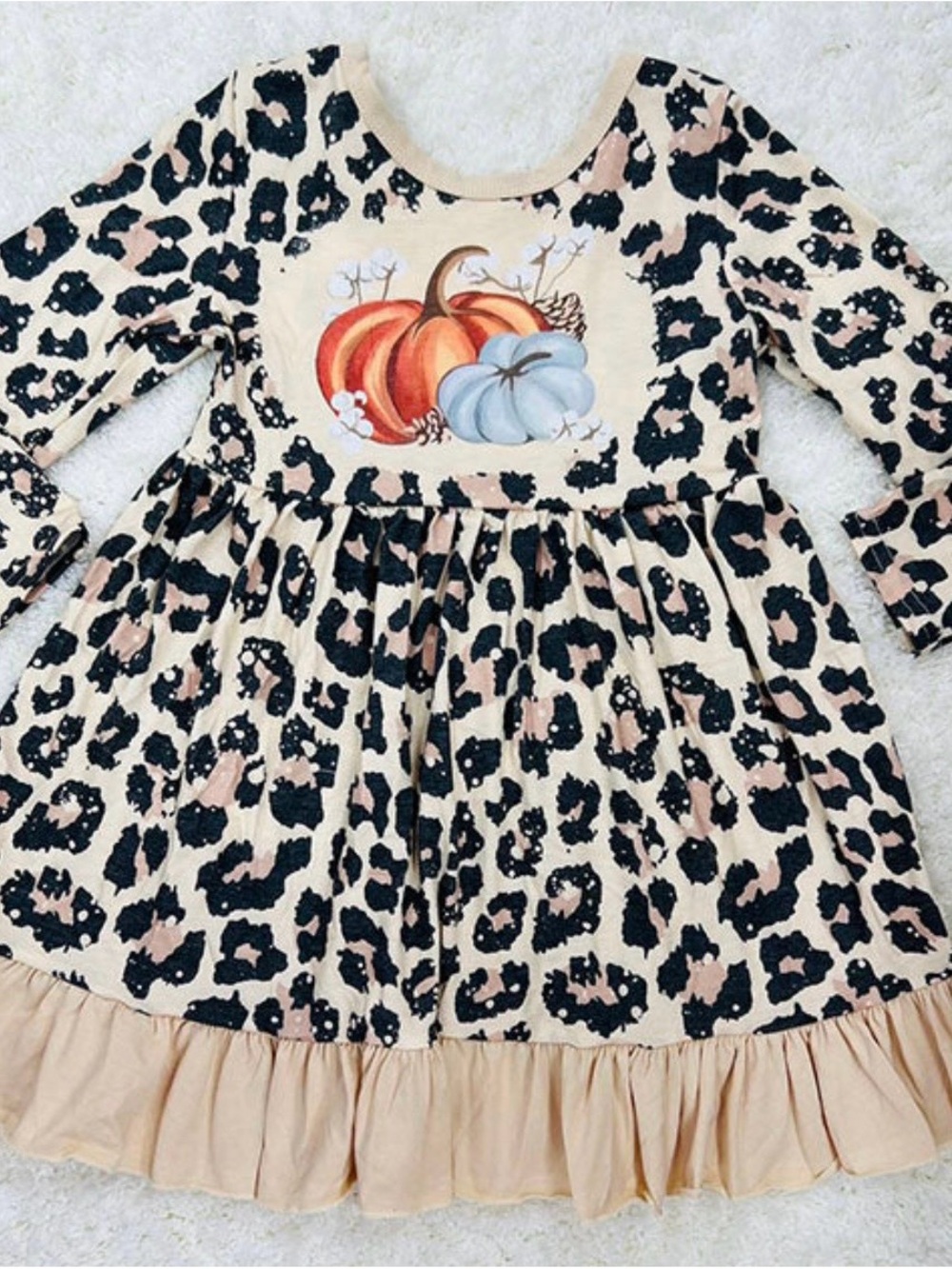 Girls Beige Leopard Pumpkin Ruffle Dress - Casual Fall Dress